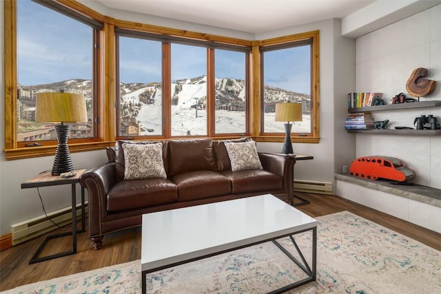 1875 Ski Time Square Dr Unit 711, Steamboat Springs, CO 80487 - living room with a mountain view, a healthy amount of sunlight, baseboards, and wood finished floors