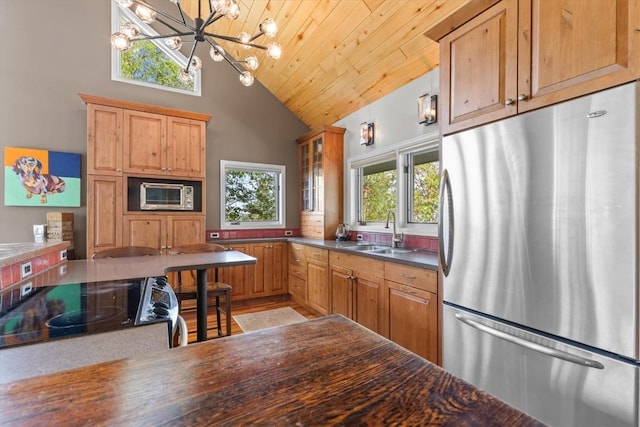 1750 Fish Creek Falls Rd, Steamboat Springs, CO 80487 - kitchen with stainless steel appliances, a sink, a chandelier, glass insert cabinets, and wood ceiling