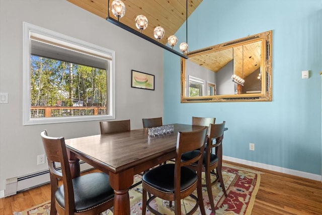 1750 Fish Creek Falls Rd, Steamboat Springs, CO 80487 - dining area with lofted ceiling, wood ceiling, wood finished floors, baseboards, and a baseboard radiator