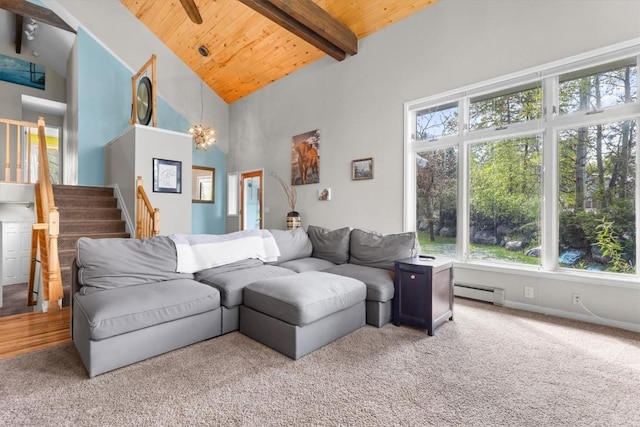 1750 Fish Creek Falls Rd, Steamboat Springs, CO 80487 - living area featuring baseboard heating, healthy amount of natural light, wood ceiling with exposed beams, high vaulted ceiling, and carpet