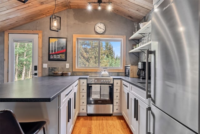 kitchen featuring a peninsula, lofted ceiling, dark countertops, light wood-style floors, and appliances with stainless steel finishes