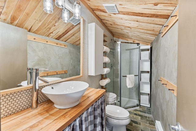 bathroom with toilet, a shower stall, lofted ceiling, visible vents, and wood ceiling
