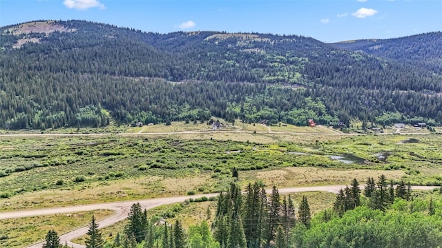 mountain view featuring a forest view