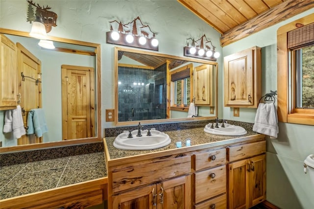 24110 Arapahoe Rd, Oak Creek, CO 80467 - bathroom featuring a stall shower, lofted ceiling, wood ceiling, and a sink