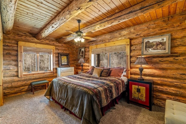 24110 Arapahoe Rd, Oak Creek, CO 80467 - carpeted bedroom with log walls, beam ceiling, and wooden ceiling