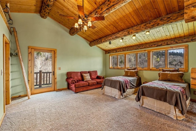 24110 Arapahoe Rd, Oak Creek, CO 80467 - bedroom with carpet, wooden ceiling, access to exterior, and lofted ceiling with beams