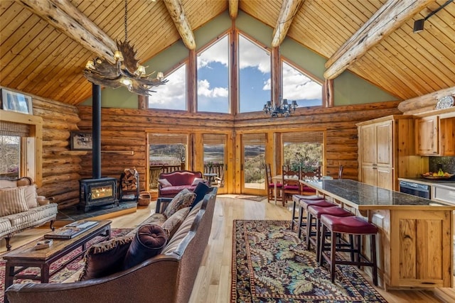 24110 Arapahoe Rd, Oak Creek, CO 80467 - living area featuring a wood stove, rustic walls, high vaulted ceiling, and wood ceiling