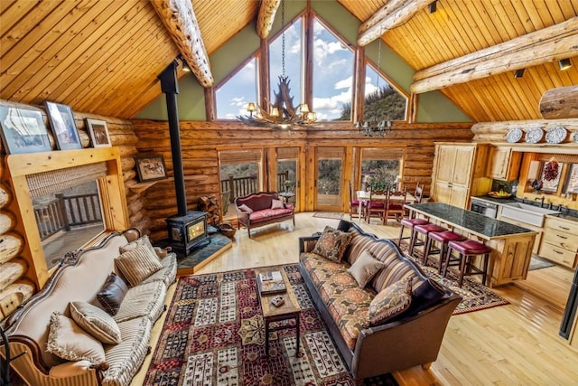 24110 Arapahoe Rd, Oak Creek, CO 80467 - living area featuring a wood stove, rustic walls, beam ceiling, and high vaulted ceiling