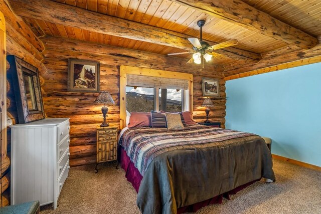 24110 Arapahoe Rd, Oak Creek, CO 80467 - bedroom with carpet floors, log walls, and wooden ceiling
