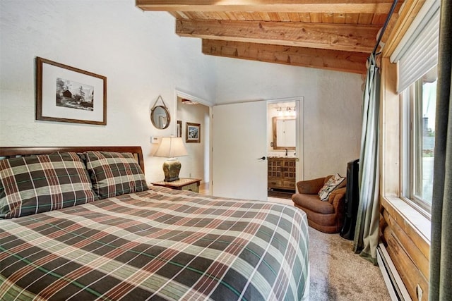 carpeted bedroom featuring ensuite bath, wood ceiling, baseboard heating, and lofted ceiling with beams