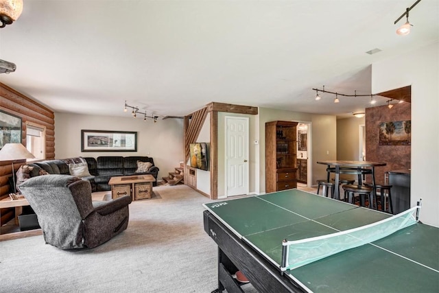 game room featuring track lighting and carpet flooring