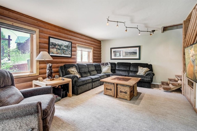 living area with rustic walls and light colored carpet