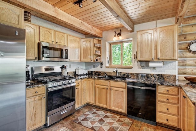 kitchen featuring light brown cabinets, a sink, wood ceiling, stainless steel appliances, and beamed ceiling
