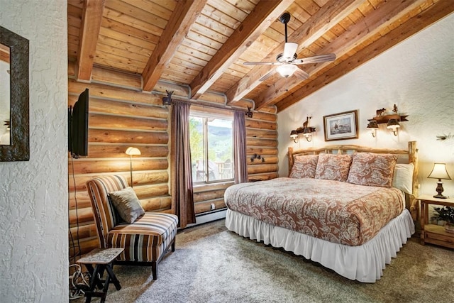 carpeted bedroom with a baseboard radiator, vaulted ceiling with beams, a textured wall, wooden ceiling, and log walls