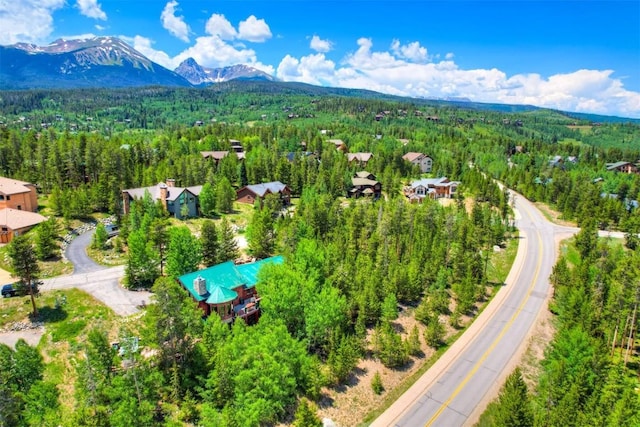 birds eye view of property featuring a view of trees and a mountain view