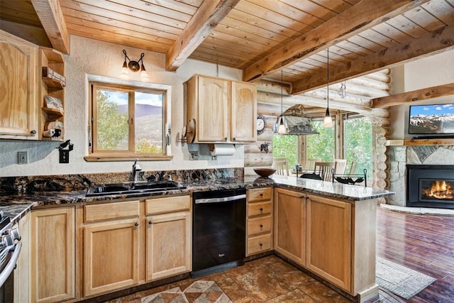kitchen with a sink, a healthy amount of sunlight, wooden ceiling, a peninsula, and black dishwasher