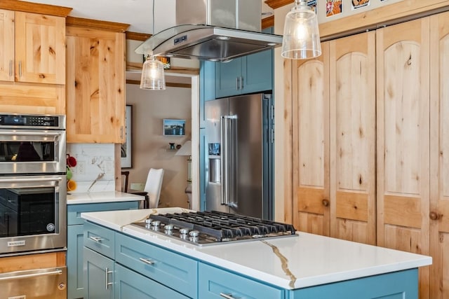 112 Grey Squirrel Ln, Breckenridge, CO 80424 - kitchen with a warming drawer, stainless steel appliances, blue cabinetry, light countertops, and hanging light fixtures