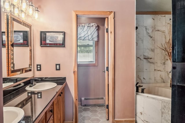 112 Grey Squirrel Ln, Breckenridge, CO 80424 - bathroom with a baseboard heating unit, double vanity, tiled tub, tile patterned flooring, and a shower