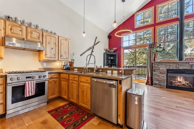 960 Whispering Pines Ln, Breckenridge, CO 80424 - kitchen with under cabinet range hood, stainless steel appliances, a sink, light wood-style floors, and high vaulted ceiling