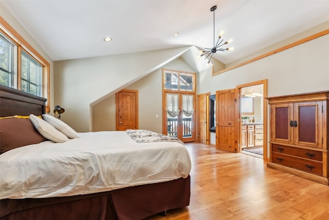 960 Whispering Pines Ln, Breckenridge, CO 80424 - bedroom featuring access to exterior, light wood-type flooring, recessed lighting, a chandelier, and high vaulted ceiling