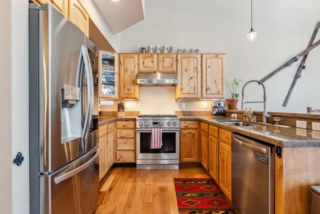 960 Whispering Pines Ln, Breckenridge, CO 80424 - kitchen with stainless steel appliances, a peninsula, a sink, lofted ceiling, and under cabinet range hood