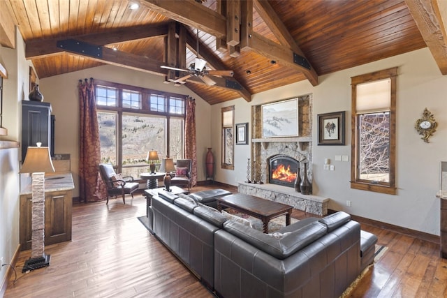 210 Game Trail Rd, Silverthorne, CO 80498 - living area featuring wood-type flooring, a fireplace, vaulted ceiling with beams, baseboards, and wooden ceiling