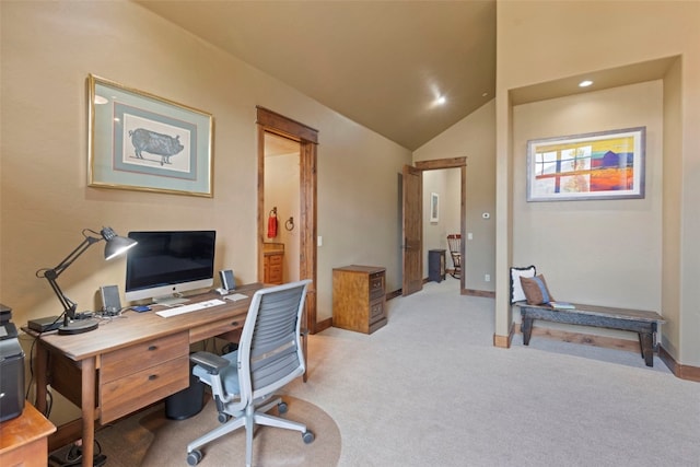210 Game Trail Rd, Silverthorne, CO 80498 - office featuring light colored carpet, baseboards, lofted ceiling, and recessed lighting