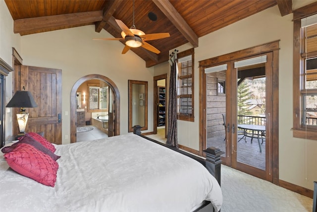 210 Game Trail Rd, Silverthorne, CO 80498 - bedroom featuring wooden ceiling, access to exterior, beamed ceiling, and arched walkways