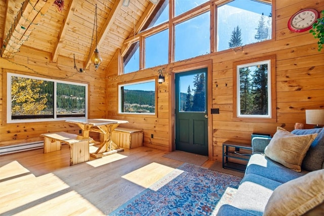 28 No Name Ln, Alma, CO 80420 - living area featuring wood ceiling with exposed beams, plenty of natural light, high vaulted ceiling, wood finished floors, and wooden walls