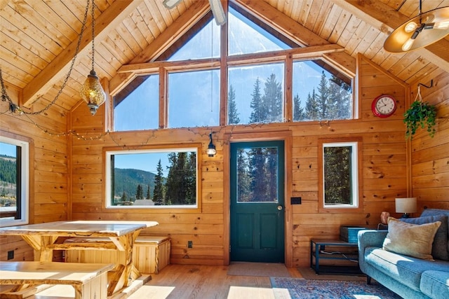 28 No Name Ln, Alma, CO 80420 - living area with wooden ceiling with exposed beams, plenty of natural light, light wood-type flooring, wood walls, and high vaulted ceiling