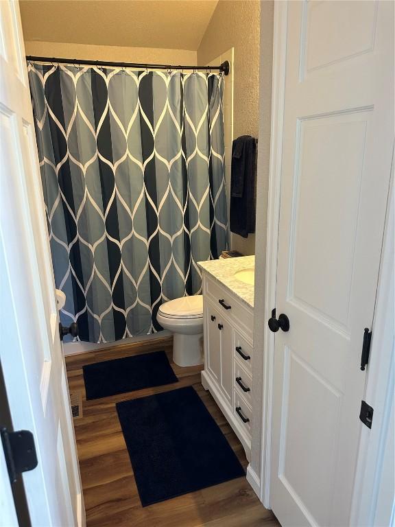 bathroom with toilet, vaulted ceiling, wood finished floors, a textured wall, and vanity