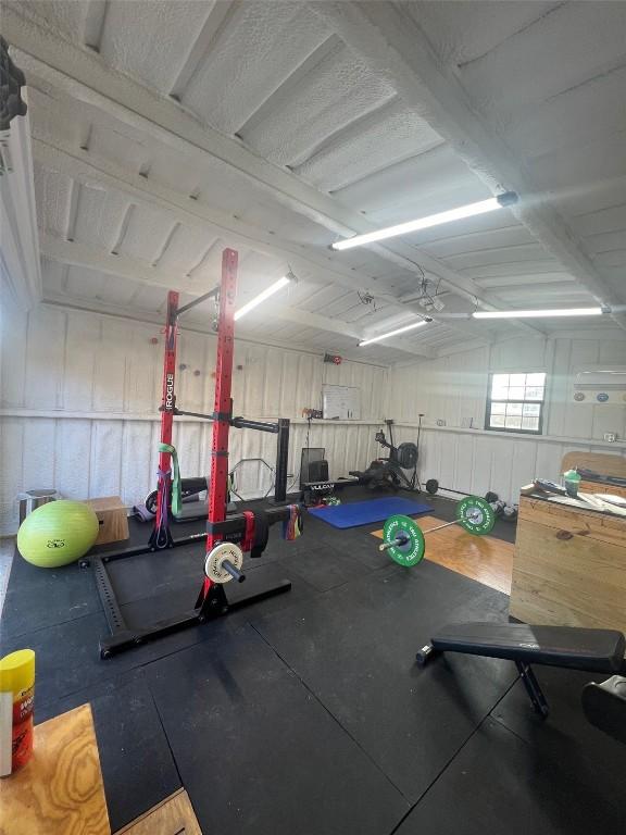 workout room featuring a garage
