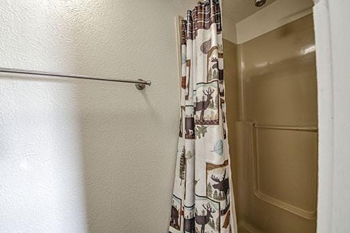 8500 Ryan Gulch Rd Unit 101, Silverthorne, CO 80498 - full bathroom with a shower with shower curtain and a textured wall