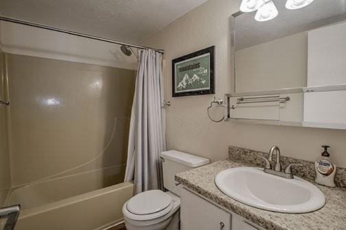 8500 Ryan Gulch Rd Unit 101, Silverthorne, CO 80498 - bathroom featuring toilet, vanity, and shower / bath combo