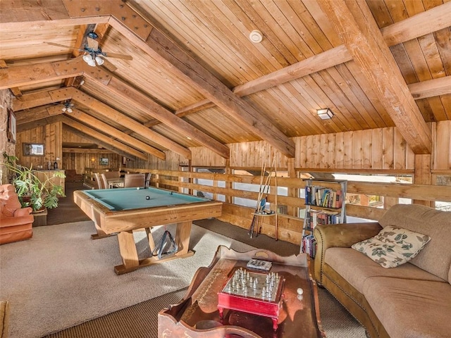 playroom featuring wooden walls, wood ceiling, pool table, vaulted ceiling with beams, and carpet