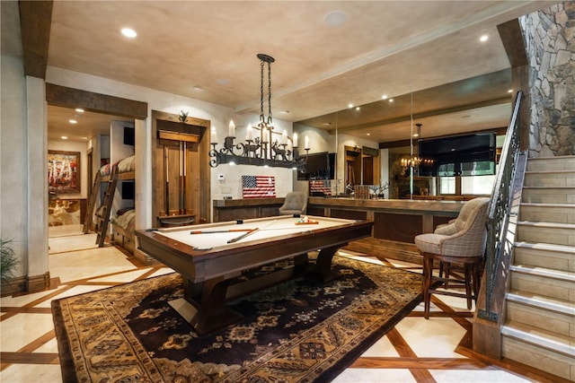 330 High Park Ct, Silverthorne, CO 80498 - rec room featuring a chandelier, pool table, and recessed lighting