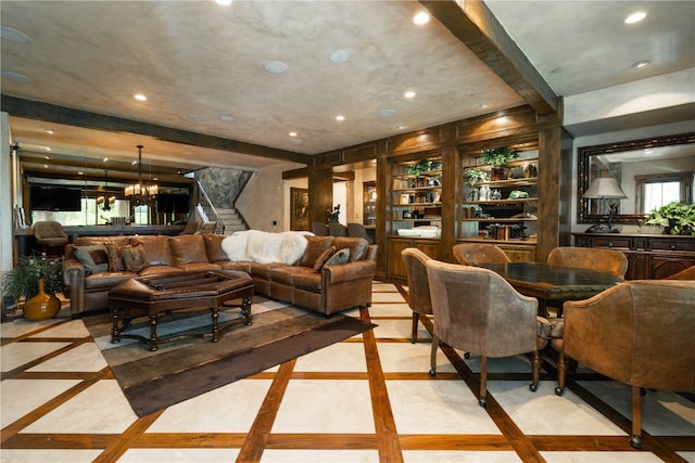 330 High Park Ct, Silverthorne, CO 80498 - living area with stairway, a chandelier, beamed ceiling, and recessed lighting