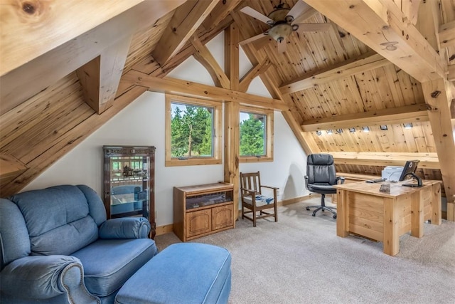70 County Road 26, Twin Lakes, CO 81251 - interior space with light carpet, vaulted ceiling with beams, baseboards, ceiling fan, and wood ceiling