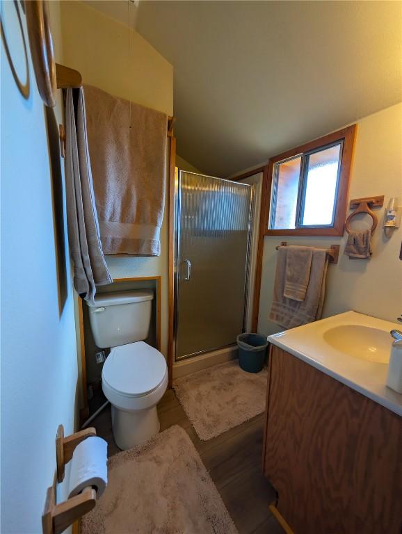 bathroom with a stall shower, wood finished floors, vanity, toilet, and lofted ceiling