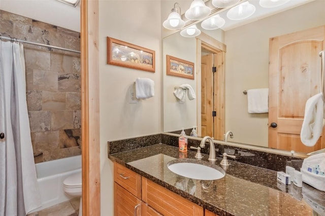 bathroom with shower / bath combination with curtain, toilet, and vanity