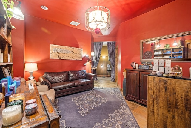 tiled living room featuring lofted ceiling