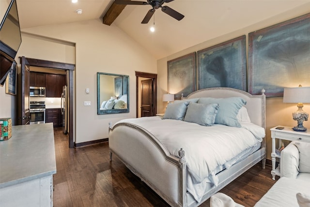 67 Outpost Dr Unit 67, Keystone, CO 80435 - bedroom featuring beam ceiling, dark wood-type flooring, high vaulted ceiling, recessed lighting, and a ceiling fan