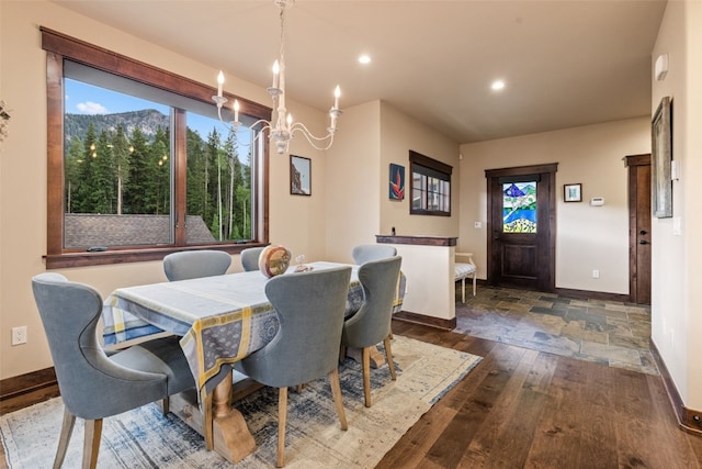 67 Outpost Dr Unit 67, Keystone, CO 80435 - dining room featuring plenty of natural light, a chandelier, recessed lighting, and dark wood-style flooring