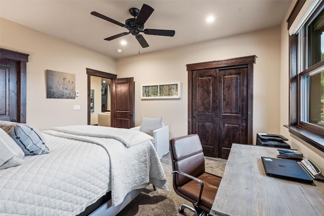 67 Outpost Dr Unit 67, Keystone, CO 80435 - carpeted bedroom featuring recessed lighting, multiple windows, and ceiling fan
