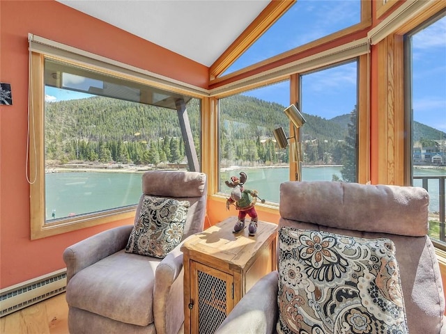 22280 US Highway 6 Unit 1717, Keystone, CO 80435 - living area featuring a baseboard heating unit, lofted ceiling, wood finished floors, a forest view, and a mountain view