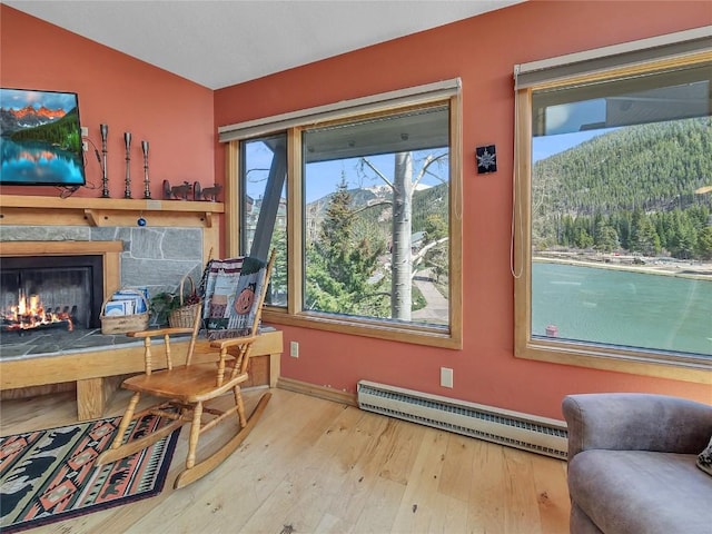 22280 US Highway 6 Unit 1717, Keystone, CO 80435 - office area featuring a baseboard radiator, hardwood / wood-style flooring, a premium fireplace, baseboards, and a mountain view