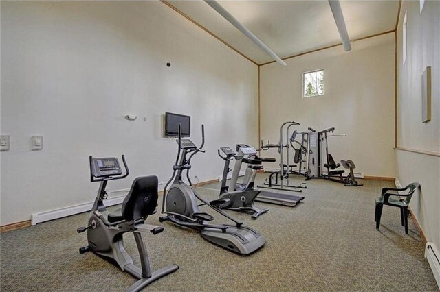 8300 Ryan Gulch Rd Unit F306, Silverthorne, CO 80498 - exercise room featuring carpet floors, baseboard heating, and baseboards