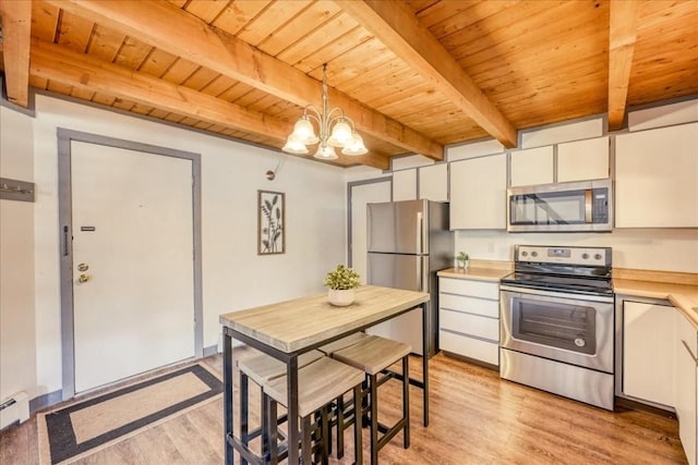 8300 Ryan Gulch Rd Unit F306, Silverthorne, CO 80498 - kitchen with stainless steel appliances, wood ceiling, a chandelier, light wood-type flooring, and beam ceiling