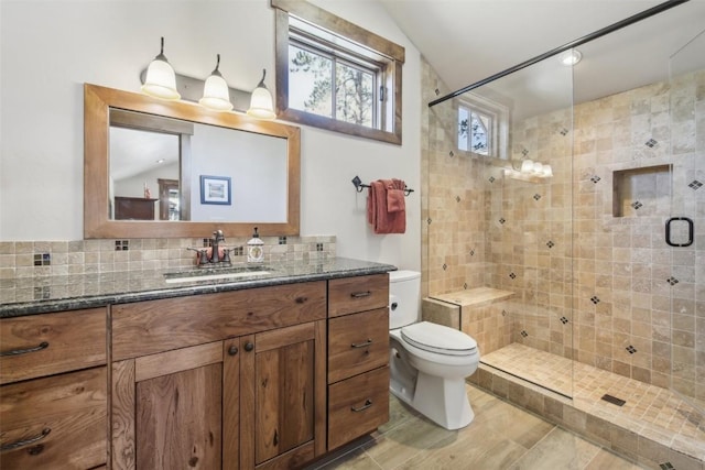 28 Tieze Ln, Keystone, CO 80435 - full bath featuring vanity, a shower stall, tasteful backsplash, and lofted ceiling