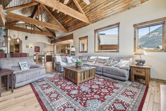 28 Tieze Ln, Keystone, CO 80435 - living area with wood-type flooring, beam ceiling, and high vaulted ceiling